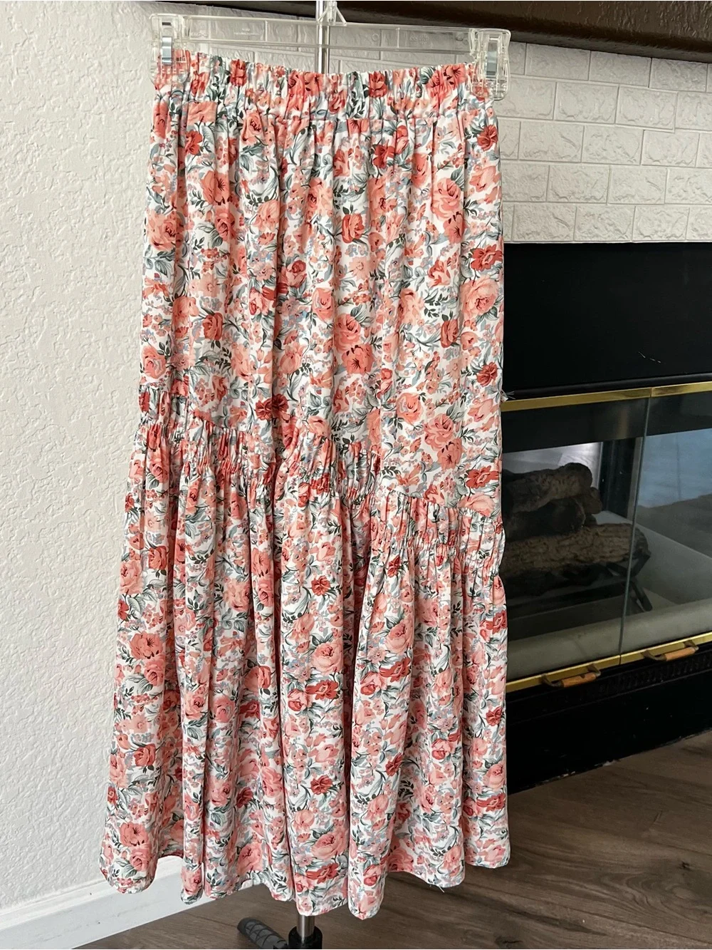Floral Tiered Midi Skirt in Coral Pink